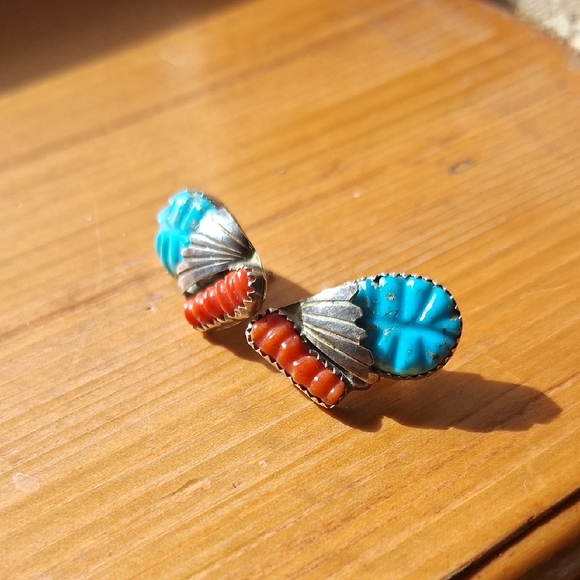 Vintage Loyolita Othole Zuni Indigenous Coral Turquoise Silver Carved Earrings